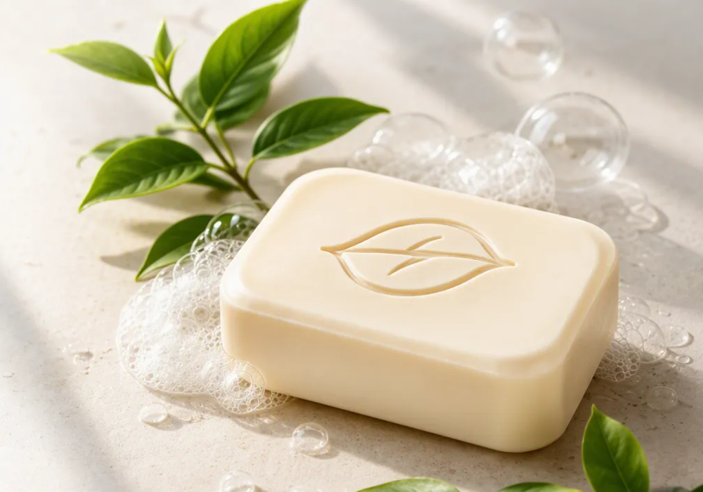 Clean white soap bar with green leaves and soap bubbles